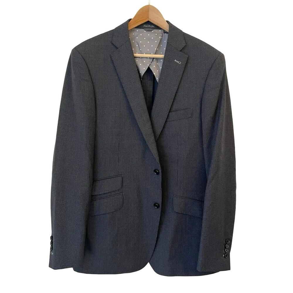 Indochino Mens Blazer Bespoke 43L Wool Stretch Charcoal Pinstripe Surgeon Cuffs